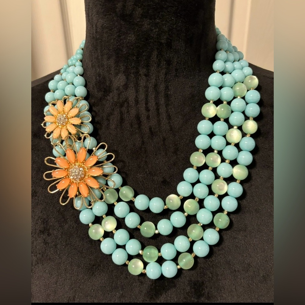 VINTAGE WILD PALM BEACH NECKLACE WITH AQUA BLUE BEADS AND ORANGE FLOWERS